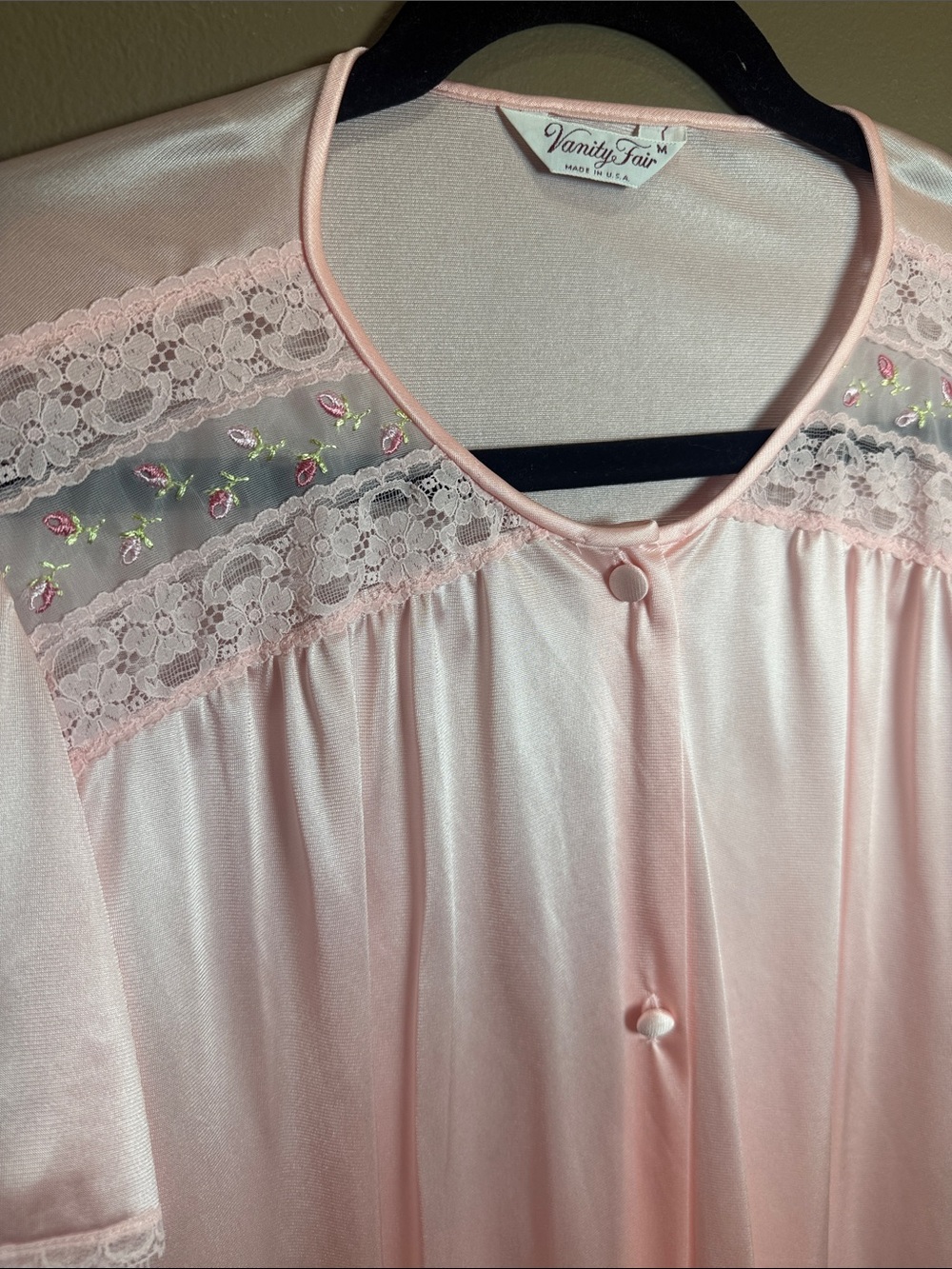 Vintage 90s Vanity Fair Pink Satin Nylon Pajama Set NWT Lace M - Picture 3 of 9